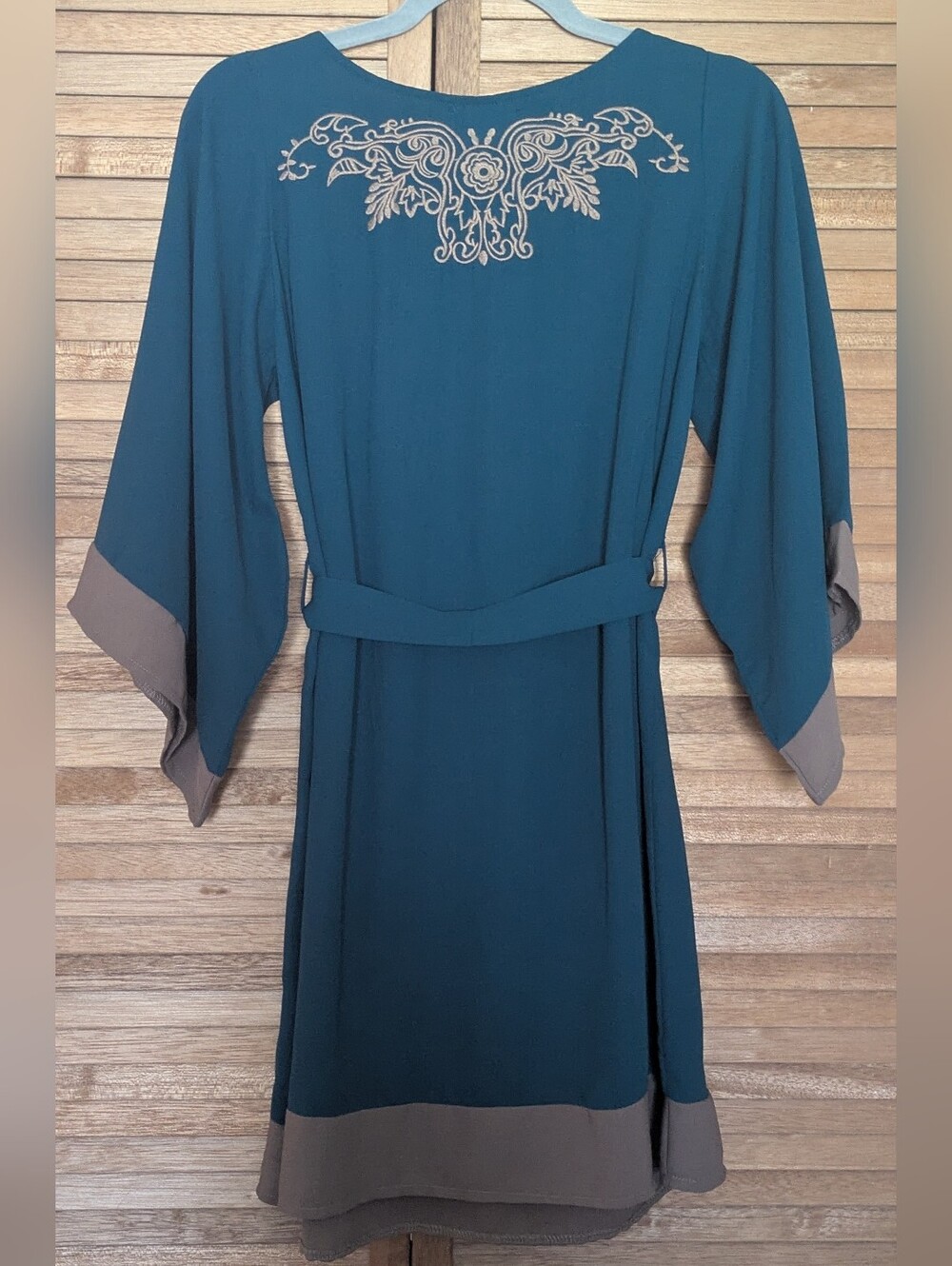 🔥FINAL🔥Ya Los Angeles Teal Embroidered Boho Dress w/ Taupe Trim - Picture 5 of 7